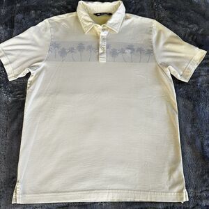 Travis Mathew Shirt Mens Medium Yellow Palm Tree Striped Performance Golf Polo